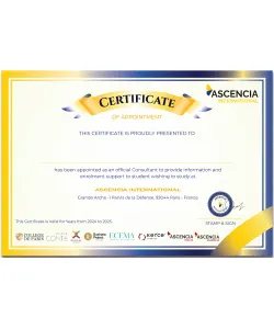 Ascencia Business School certificate of agreement appointing Beyond Immigration as an official consultant