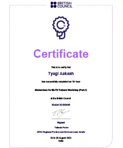 British Council certificate awarded to Aakash Tyagi for completing the IELTS trainers masterclass