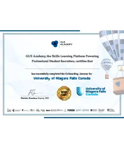 GUS Academy certificate for completing onboarding for University of Niagara Falls Canada