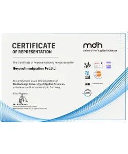 MDH University of Applied Sciences certificate of representation issued to Beyond Immigration Pvt. Ltd.