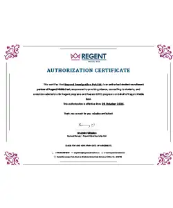 Regent College London authorisation certificate naming Beyond Immigration Pvt. Ltd. as an authorised student recruitment partner
