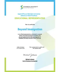 Steinbeis University Schools of Next Practices certificate naming Beyond Immigration an educational representative